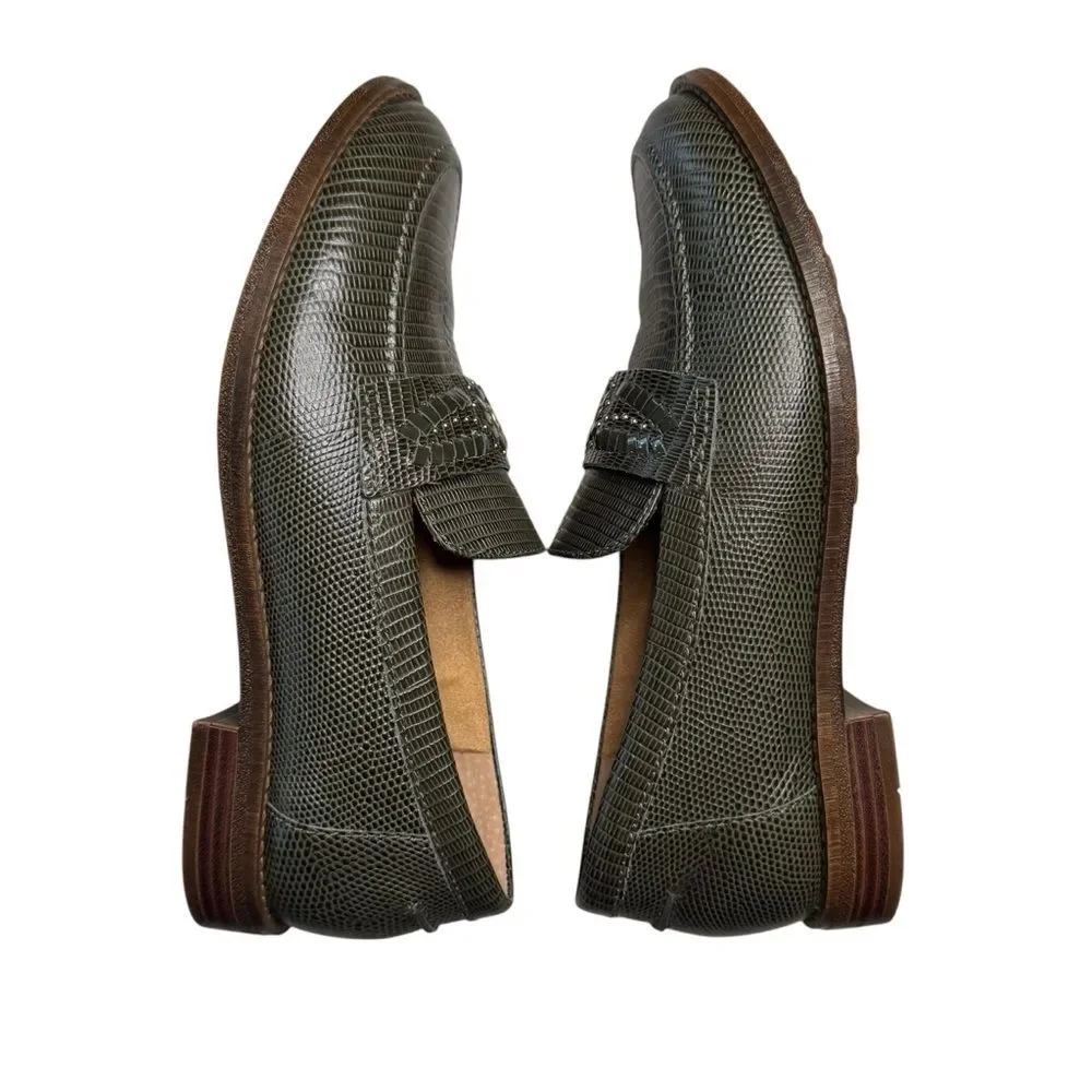 Brioso Women's Frisco Olive Leather Loafers Slip In Lizard Embossed Size 8